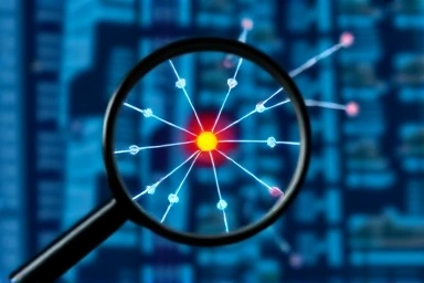 Magnifying glass over data network, highlighting a trustworthy source.