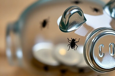 Piggy bank with pest silhouettes, symbolizing pest control costs.