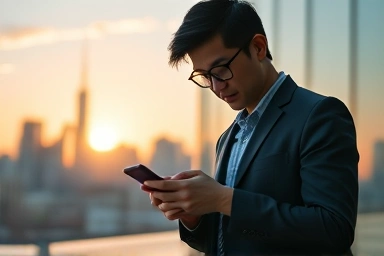 Office worker checking stock app, financial success