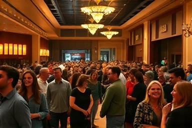 Excited theater patrons in a lively lobby before a performance.