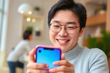 Young Korean person smiling with TikTok on phone