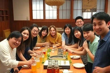 Joyful participants in a traditional Korean alcohol making workshop.