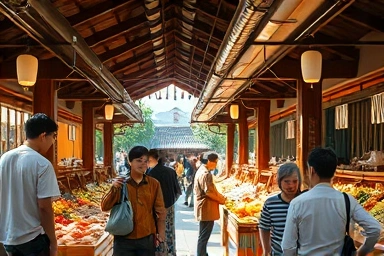 Bustling traditional Korean market with friendly vendors and customers.