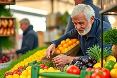 Young person learning market skills from an experienced vendor.