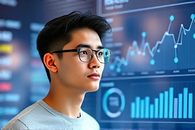 Entrepreneur analyzing digital platform growth with AI overlay.