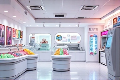 Modern unmanned ice cream store interior with self-checkout.