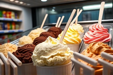 Variety of ice cream flavors in an unmanned store.