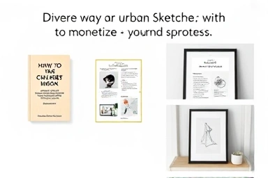 Collage of urban sketch monetization methods: e-book, online course, art.