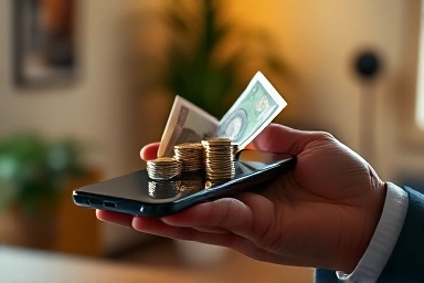 Hand holding phone with money emerging, symbolizing profitable sale.