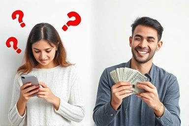 Contrast of stressed phone seller vs. happy, safe cash transaction.