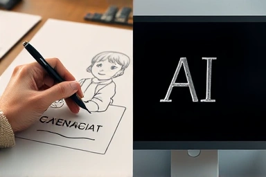 Contrast between hand-drawn book cover art and AI-generated art.