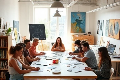 Creative webtoon studio team collaborating on ideas.