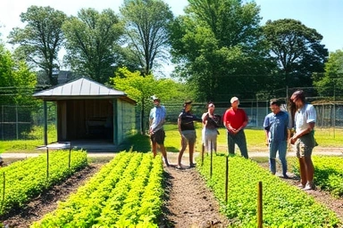 Peaceful weekend farm with happy people tending crops.