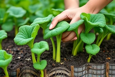 Close-up of healthy vegetables growing in fertile soil.