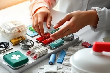 Hands organizing medical aid equipment for business