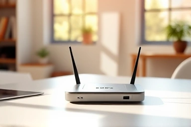 Modern desk with Wi-Fi router, symbolizing efficient home office connectivity.