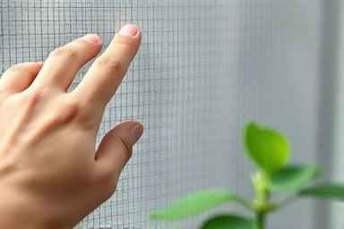 Close-up of fine mesh window screen blocking dust.