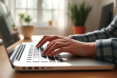 Hands typing on laptop in home office, professional and productive