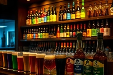 Cozy craft beer bar counter with diverse bottle selection.