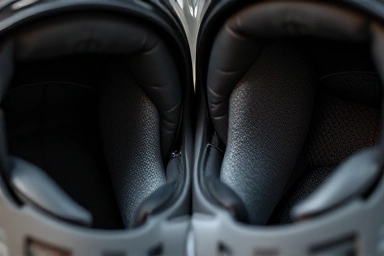 Close-up of motorcycle helmet interior padding and fit