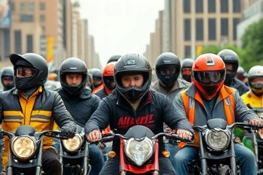 Motorcyclists wearing stylish and safe full-face helmets in an urban setting.