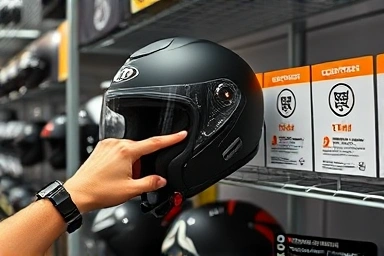 Close-up of hands choosing a full-face helmet with visible safety certifications.