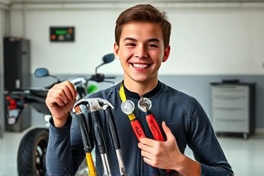Beginner motorcyclist with essential tool kit
