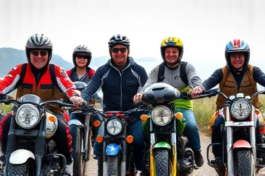 Beginner motorcyclists preparing for a scenic coastal tour.