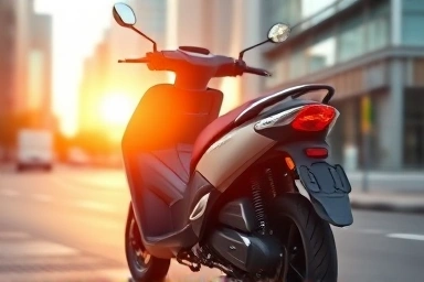 Modern 125cc scooter on city street at dawn.