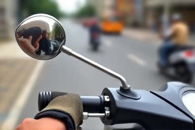 Rider's hand gripping scooter handlebars on urban road.
