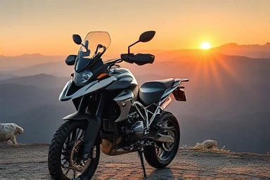 BMW R1300GS Adventure motorcycle on a mountain vista.