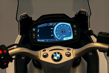 Close-up of BMW R1300GS Adventure motorcycle dashboard.
