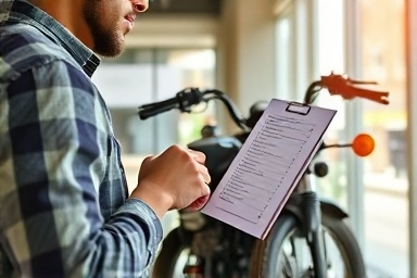 Person checking motorcycle with checklist, wise purchase