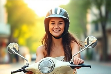 Woman confidently riding a pastel retro scooter in a sunny city.