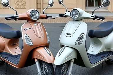 Close-up of two stylish, contrasting classic scooters.