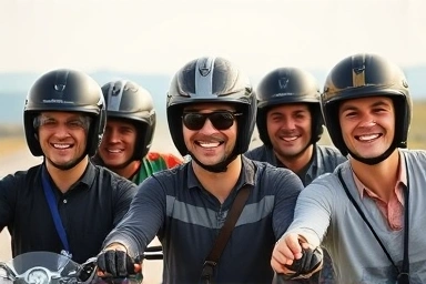 Motorcyclists with comfortable, well-fitting helmets on a scenic road.