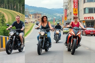 Riders enjoying diverse middleweight naked motorcycles on scenic roads and city streets.