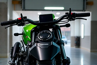 Detailed close-up of a stylish middleweight naked motorcycle's engine and cockpit.