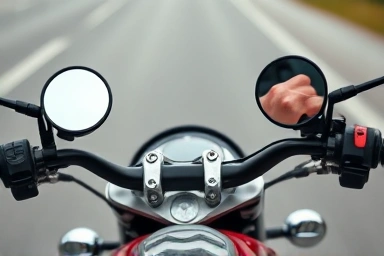 Close-up of motorcycle handlebars with clear bar-end mirror reflections.