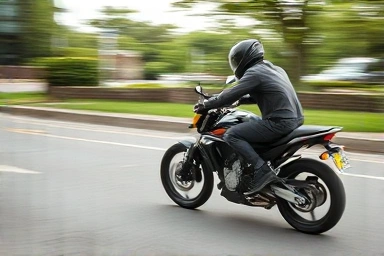 Motorcycle rider in a sudden braking situation, highlighting safety risk.