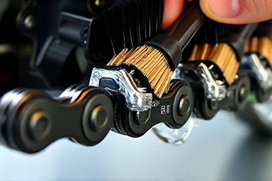 Motorcycle chain cleaning in progress with specialized tools.
