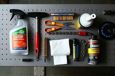 Essential motorcycle chain cleaning supplies organized on a workbench.
