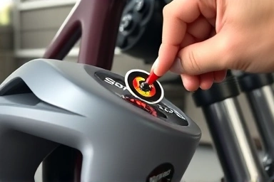 Hand applying motorcycle decal sticker to bike frame.