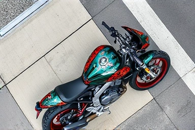 Customized motorcycle with unique, eye-catching decals.