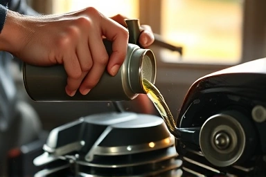 Mechanic adding oil to a motorcycle engine