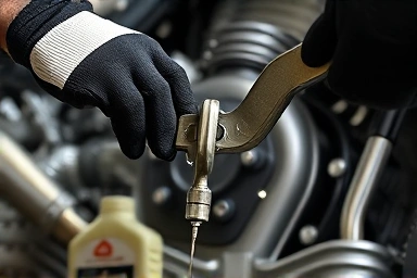 Motorcyclist changing engine oil, tightening oil filter