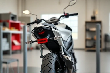 Modern motorcycle with modified rear fender in a workshop