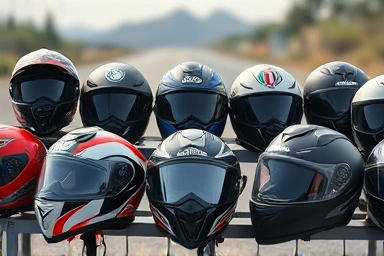 Diverse motorcycle helmets showcasing various styles and safety features.