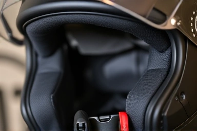 Close-up of a motorcycle helmet, emphasizing safety and comfort features.