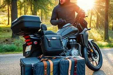 Motorcyclist packing for a long-distance journey, essential gear.